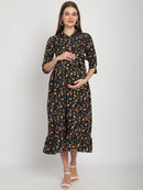 Green Micro Print Printed Fit and Flare Maternity Maxi Dress