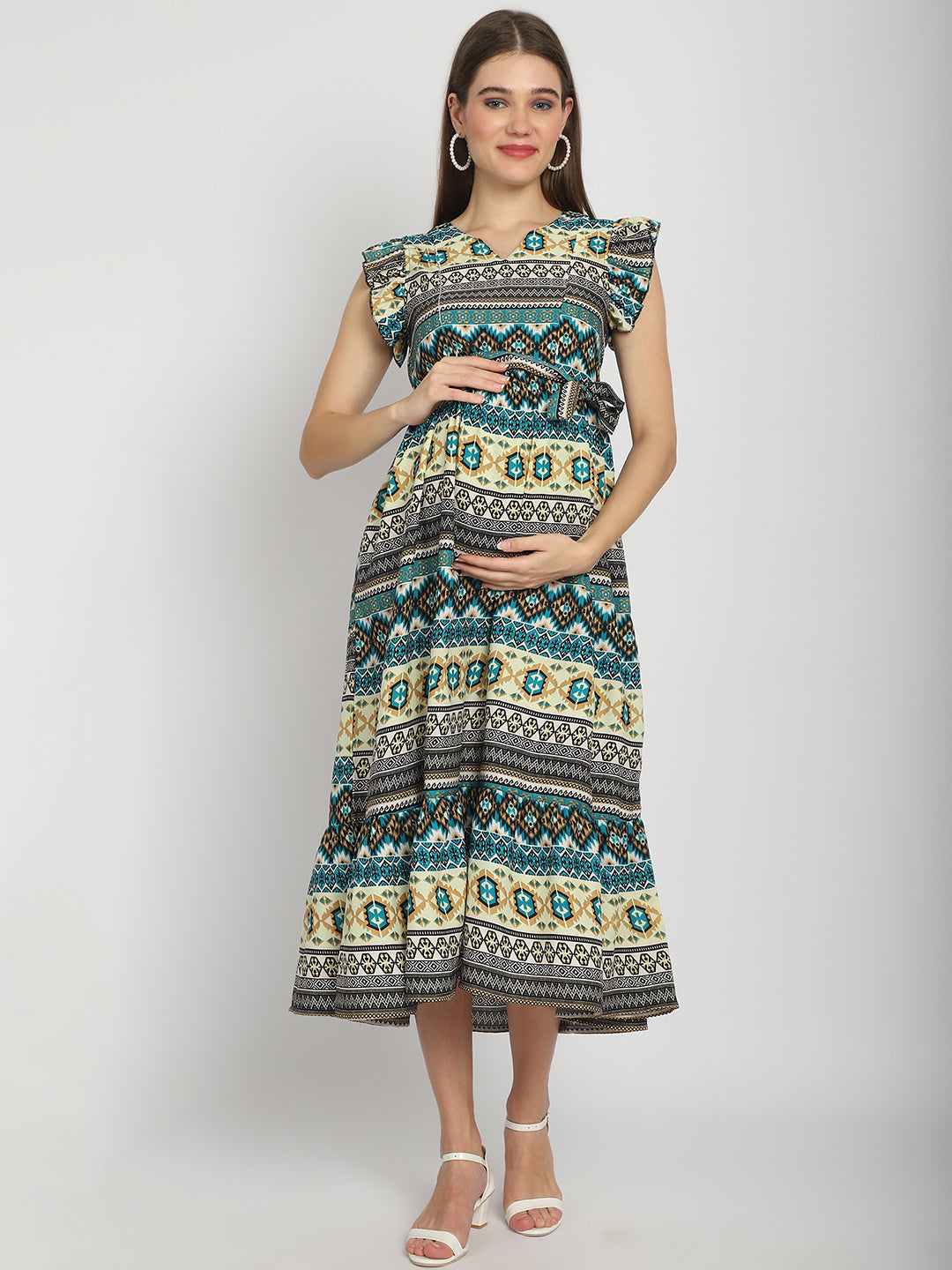 Multi Abstract Printed Fit and Flare Maternity Maxi Dress