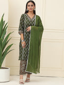 Green Floral Printed Pure Cotton Kurta With Trousers & Chiffon Dupatta