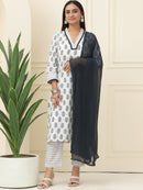 Black Floral Printed Pure Cotton Kurta With Trousers & Chiffon Dupatta