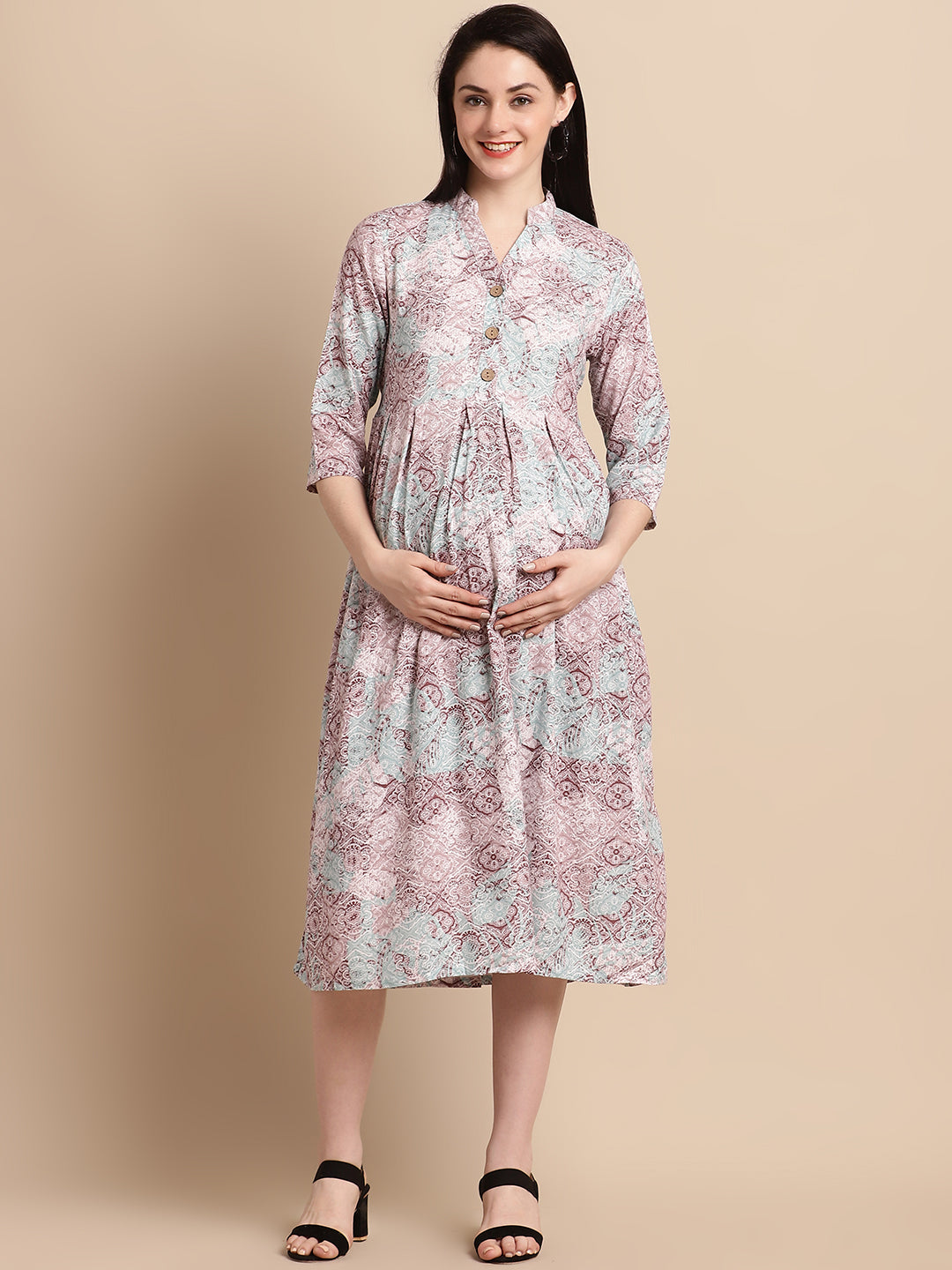 Brown Abstract Printed Maternity Midi Dress