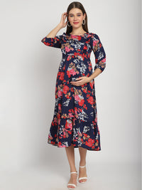 Navy Abstract Printed Fit and Flare Maternity Midi Dress