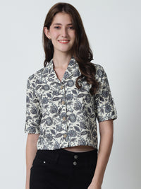 Cream Floral Printed Shirt Collar Pure Cotton Top