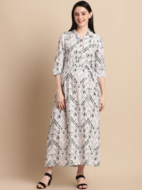 White & Olive Printed Shirt Style Maternity Dress