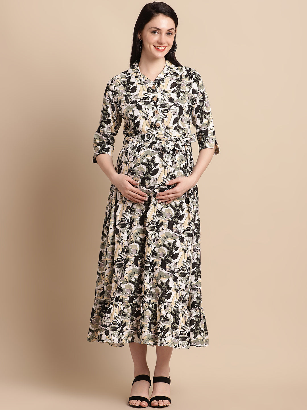 Black Floral Printed Maternity Maxi Dress