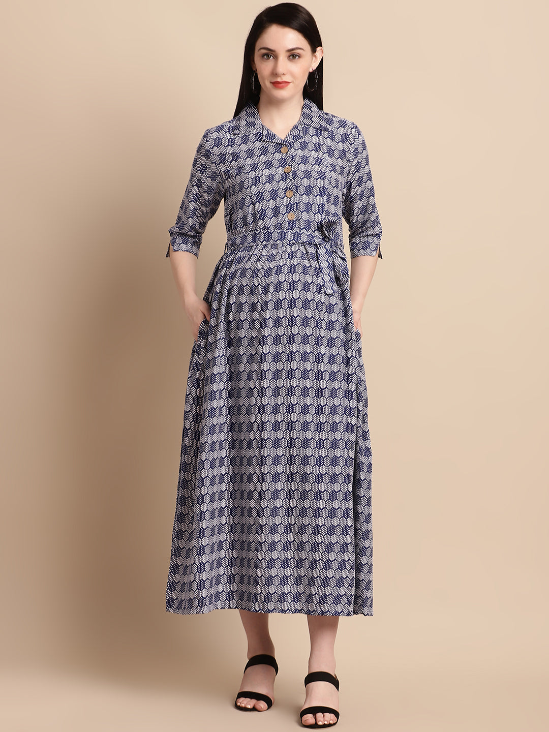 Navy Printed Shirt Style Maternity Dress