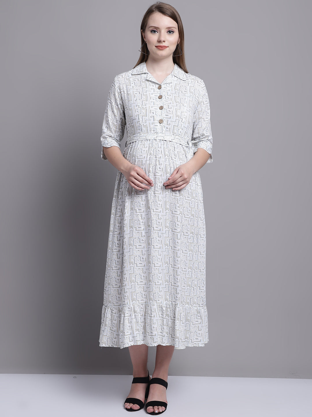 White Printed Shirt Style Maternity Dress