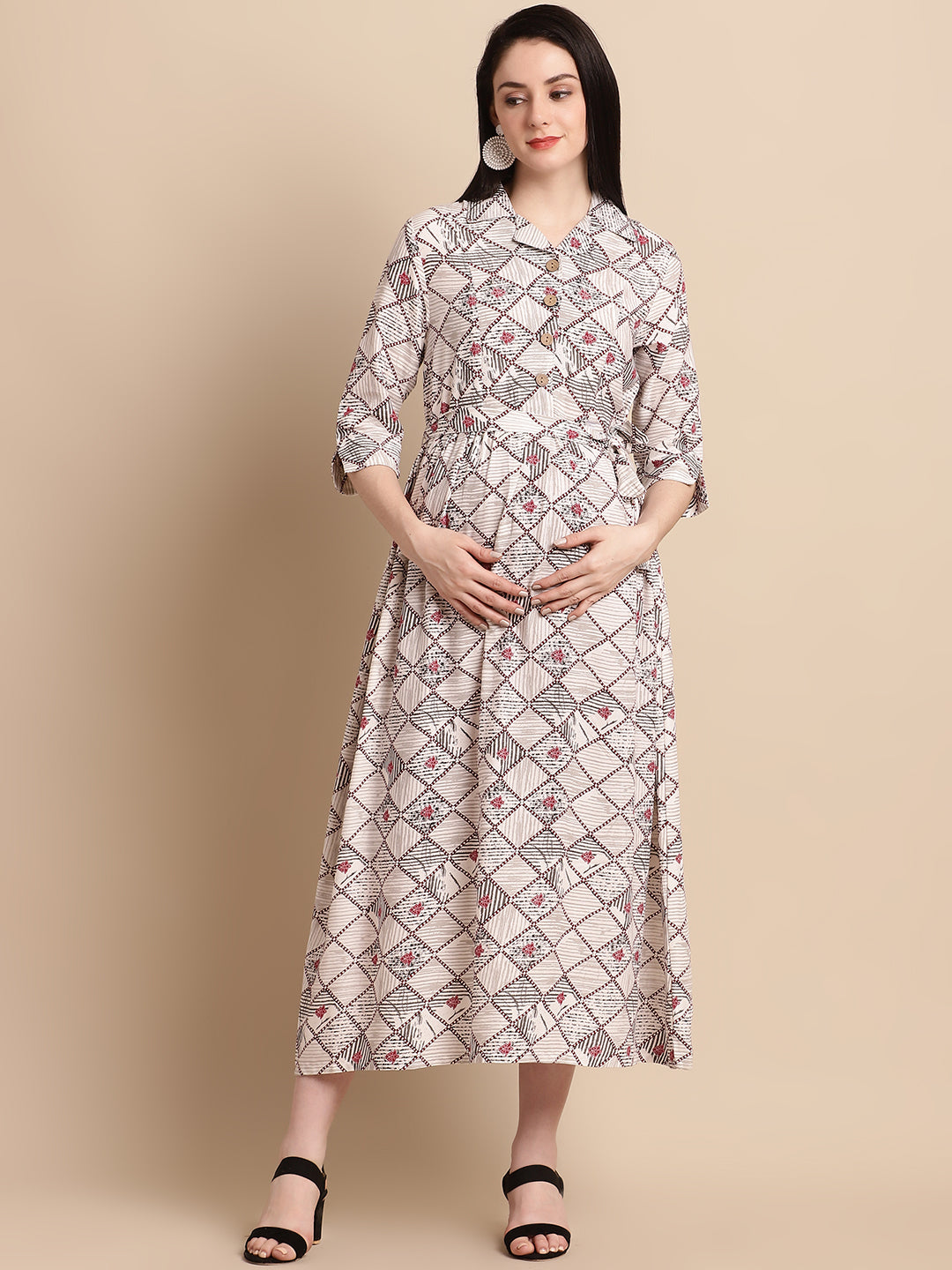 Cream Printed Shirt Style Maternity Dress