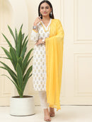 Cream Floral Printed Pure Cotton Kurta With Trousers & Chiffon Dupatta