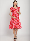 Red Floral Printed Fit and Flare Maternity Midi Dress