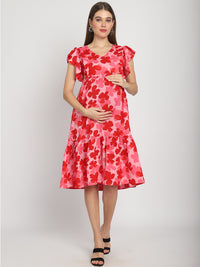 Red Floral Printed Fit and Flare Maternity Midi Dress