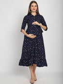 Navy Stars Printed Fit and Flare Maternity Maxi Dress