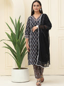 Black Floral Printed Pure Cotton Kurta With Trousers & Chiffon Dupatta