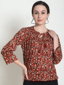 Brown Floral Printed Tie-Up Neck Pure Cotton Top