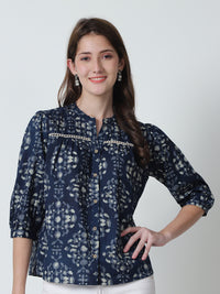 Navy Blue Floral Printed Mandarin Collar Pure Cotton Top