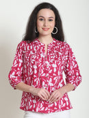 Pink Floral Printed Mandarin Collar Pure Cotton Top