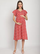 Red Micro Printed Fit and Flare Maternity Midi Dress