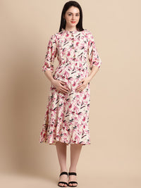 Pink Floral Printed Maternity Midi Dress