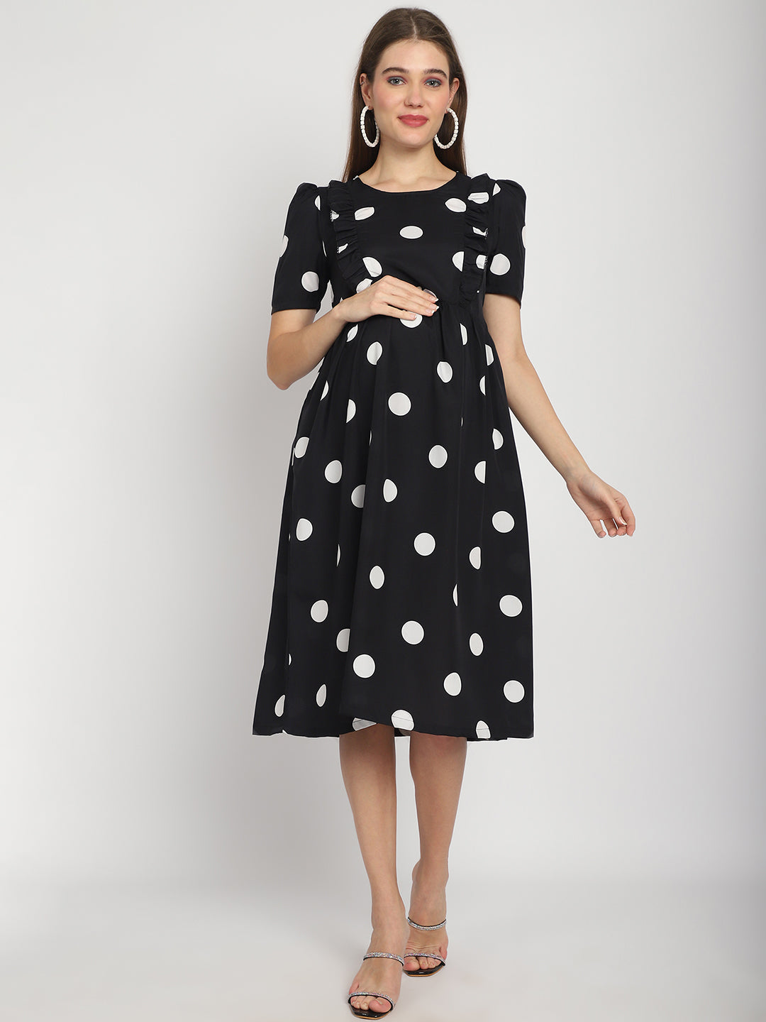 Black Polka-dot Printed Fit and Flare Maternity Midi Dress