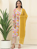 Peach Floral Printed Pure Cotton Kurta With Trousers & Chiffon Dupatta