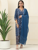 Blue Floral Printed Pure Cotton Kurta With Trousers & Chiffon Dupatta