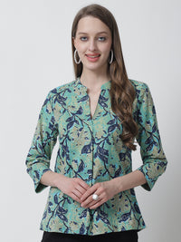 Turquoise Blue Floral Printed Mandarin Collar Pure Cotton Top