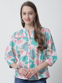 White & Pink Floral Printed Mandarin Collar Pure Cotton Top