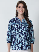 Navy Blue Floral Printed Mandarin Collar Pure Cotton Top