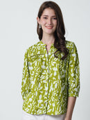 Lime Green Floral Printed Mandarin Collar Pure Cotton Top