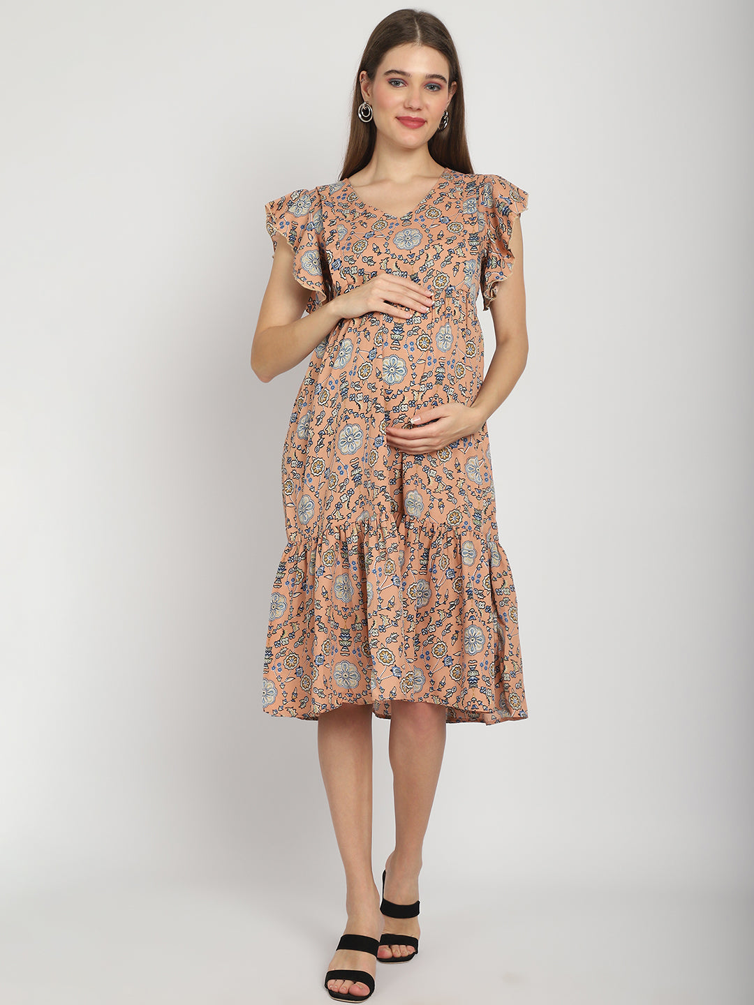 Peach Indian Printed Fit and Flare Maternity Midi Dress