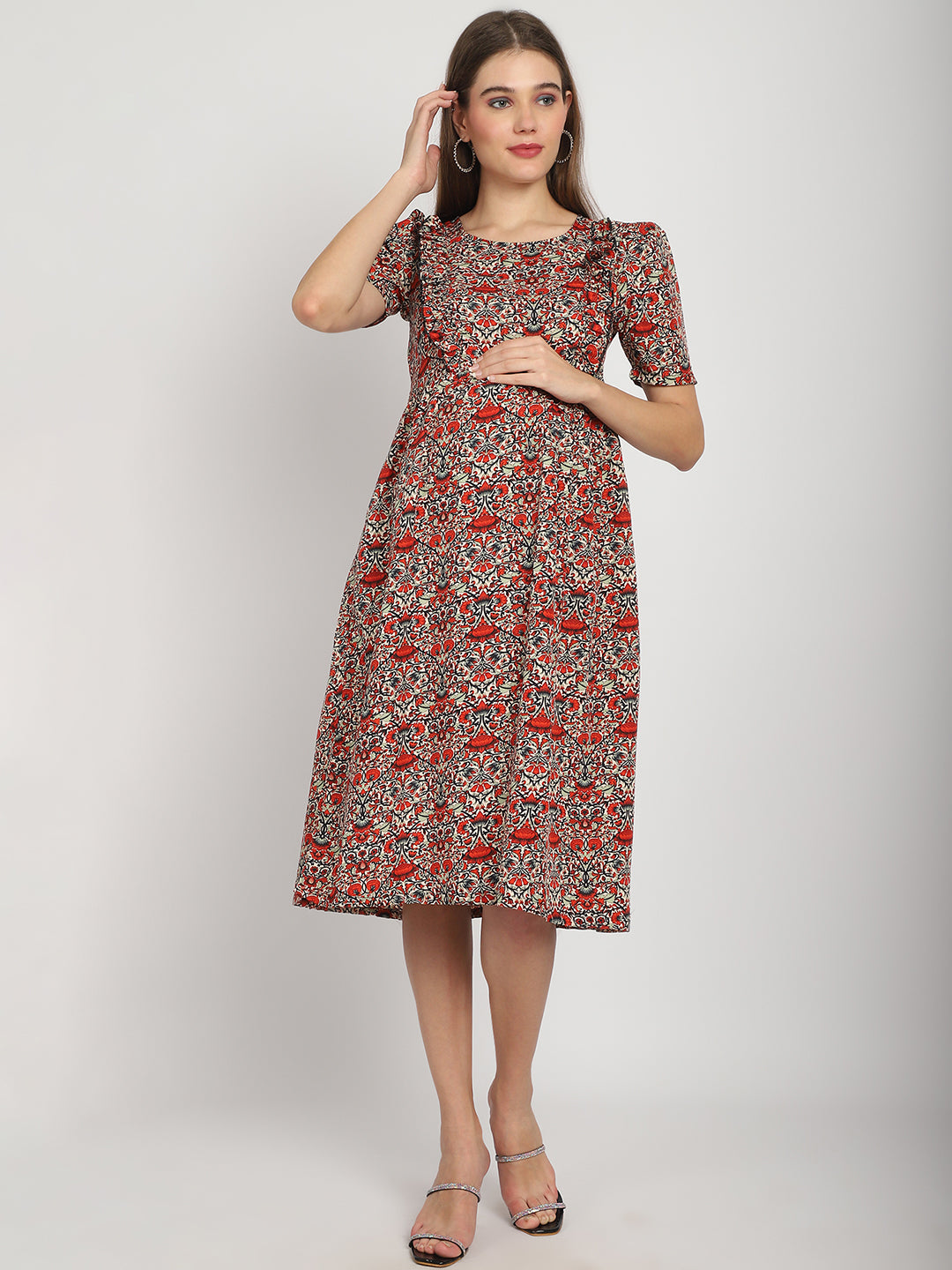 Red Abstract Printed Fit and Flare Maternity Midi Dress