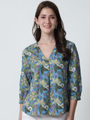 Blue Floral Printed V-Neck Pure Cotton Top