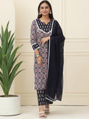 Black Floral Printed Pure Cotton Kurta With Trousers & Chiffon Dupatta