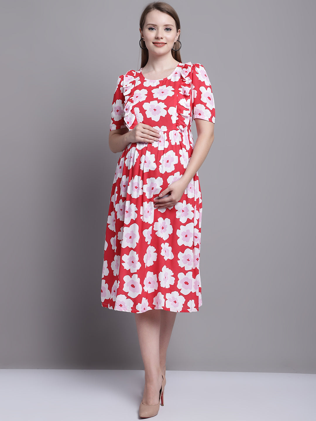 Red Floral Printed Maternity Midi Dress