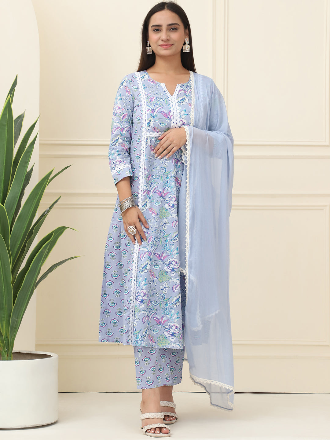 Lavender Floral Printed Pure Cotton Kurta With Trousers & Chiffon Dupatta