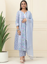 Lavender Floral Printed Pure Cotton Kurta With Trousers & Chiffon Dupatta