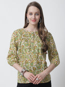 Lime Green Floral Printed Mandarin Collar Pure Cotton Top