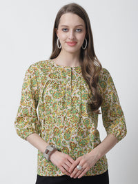 Lime Green Floral Printed Mandarin Collar Pure Cotton Top