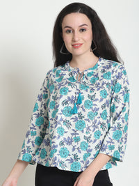 Turquoise Blue Floral Printed Tie-Up Neck Pure Cotton Top