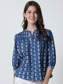 Navy Blue Floral Printed Mandarin Collar Pure Cotton Top