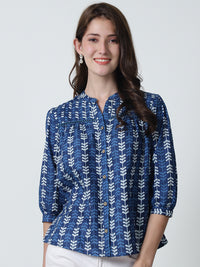 Navy Blue Floral Printed Mandarin Collar Pure Cotton Top