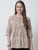 Red Floral Printed Mandarin Collar Pure Cotton Top