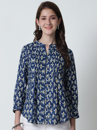 Navy Blue Abstract Printed Mandarin Collar Pure Cotton Top