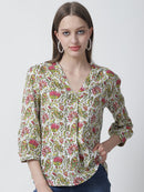 Pink Floral Printed V-Neck Pure Cotton Top