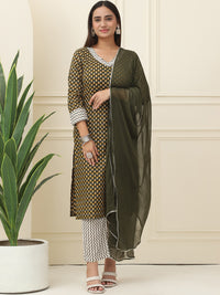 Green Floral Printed Pure Cotton Kurta With Trousers & Chiffon Dupatta