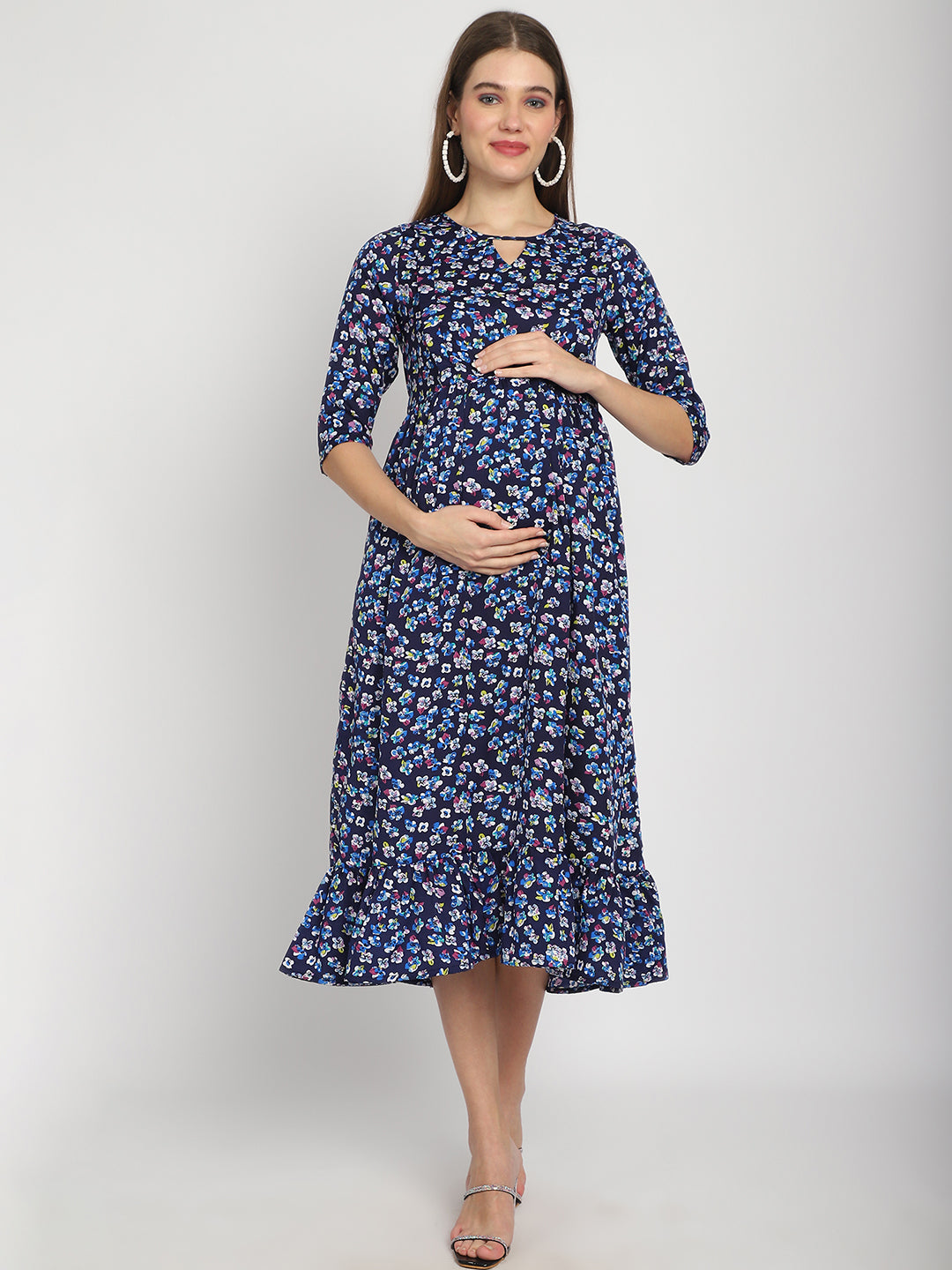 Navy Floral Printed Fit and Flare Maternity Maxi Dress