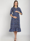 Navy Floral Printed Fit and Flare Maternity Maxi Dress