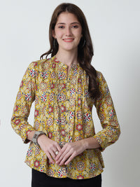 Multi Ethnic Motifs Printed Mandarin Collar Pure Cotton Top