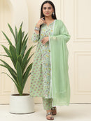 Green Floral Printed Pure Cotton Kurta With Trousers & Chiffon Dupatta