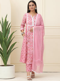 Pink Floral Printed Pure Cotton Kurta With Trousers & Chiffon Dupatta